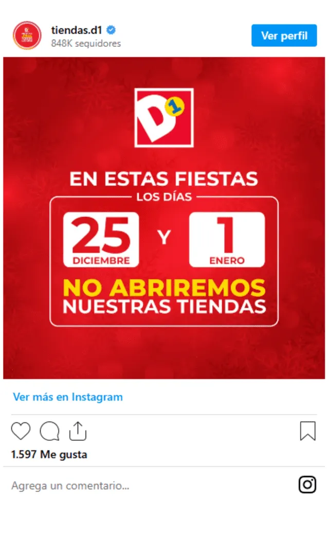  El 25 de diciembre y el 1 de enero, Tiendas D1 no abrirán sus puertas. Foto: captura/Tiendas D1/IG   