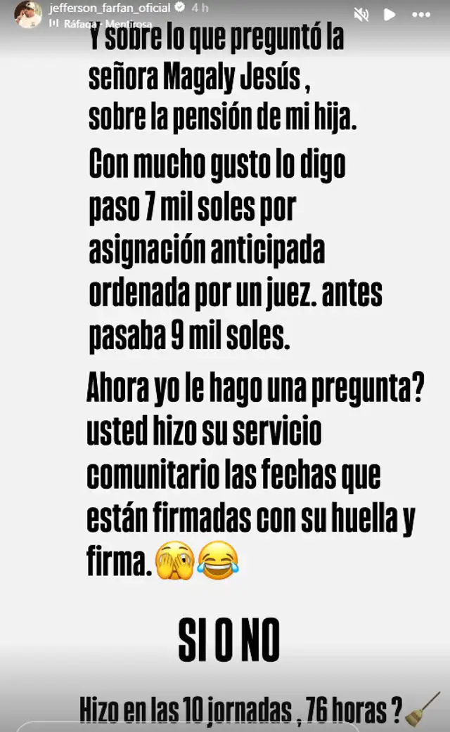Jefferson Farfán revelando la suma que le da a Darinka Ramírez como pensión. Foto: Instagram. Jefferson Farfán revelando la suma que le da a Darinka Ramírez como pensión. Foto: Instagram.