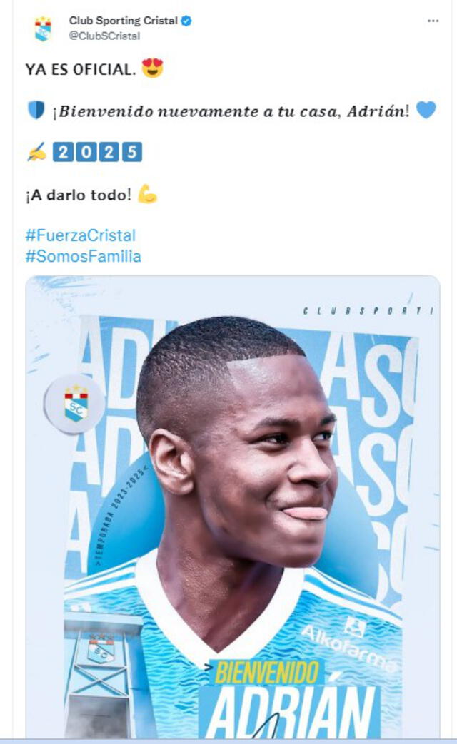 Sporting Cristal oficializó su fichaje en su cuenta de Twitter.