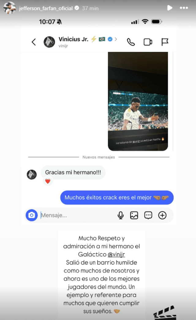 La conversación de Vinícius Jr y Jefferson Farfán. Foto: captura de pantalla de Instagram La conversación de Vinícius Jr y Jefferson Farfán. Foto: captura de pantalla de Instagram