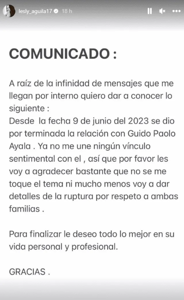 Comunicado que publicó Lesly Águila en referencia al término de su relación. Foto: captura Instagram/Lesly Águila   