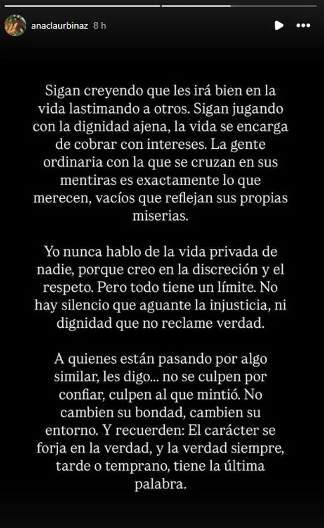 Mensaje de Ana Claudia Urbina. Foto: Instagram/analuciaurbinaz Mensaje de Ana Claudia Urbina. Foto: Instagram/analuciaurbinaz
