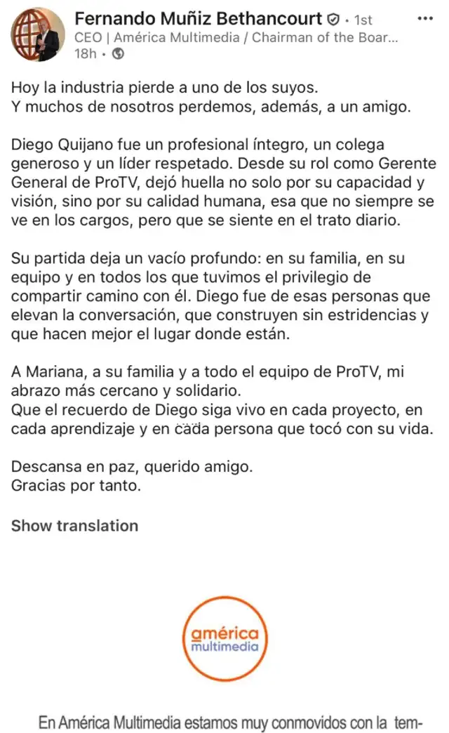 Comunicado de Fernando Muñiz, recordado a Diego Quijano. Foto: Facebook.   