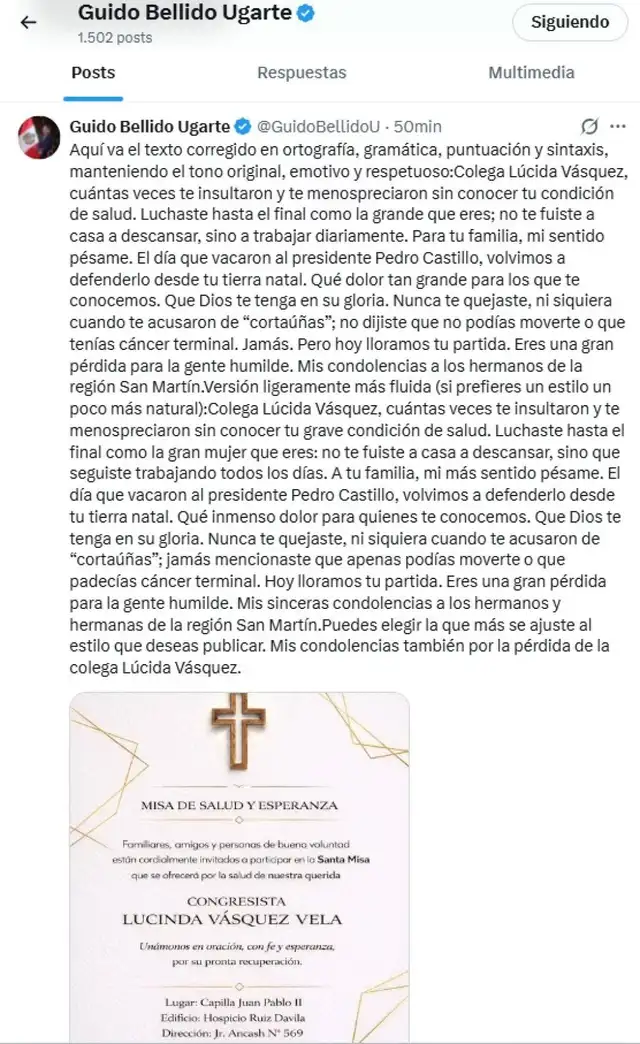 Guido Bellido uso la IA para anunciar por error que Lucinda Vásquez había muerto. Guido Bellido uso la IA para anunciar por error que Lucinda Vásquez había muerto.