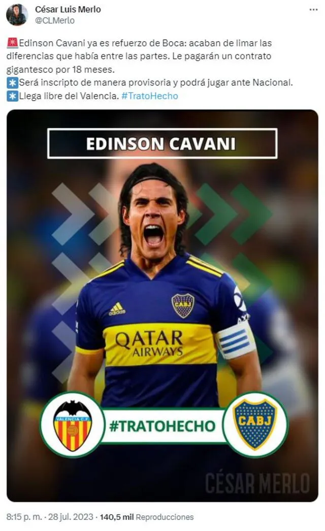 Edinson Cavani será xeneize. Foto: Twitter   