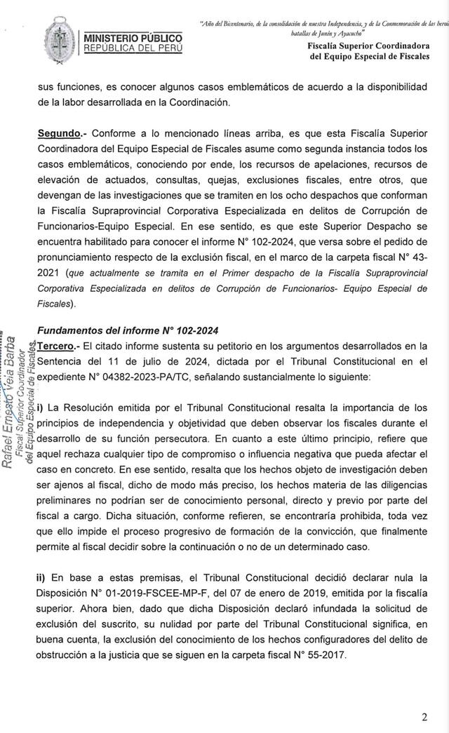 La resolución fiscal que acepta la exclusión del fiscal Pérez de nueva investigación a Keiko Fujimori   