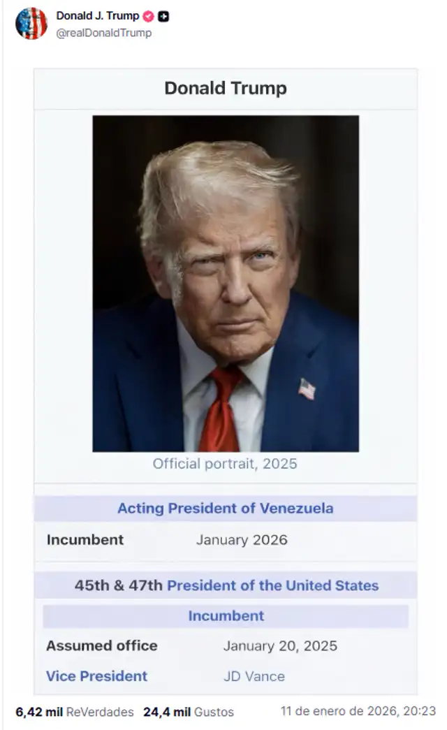  Donald Trump se autocalificó como presidente de EE.UU. y de Venezuela. Foto: @realDonaldTrump/Truth Social<br>    