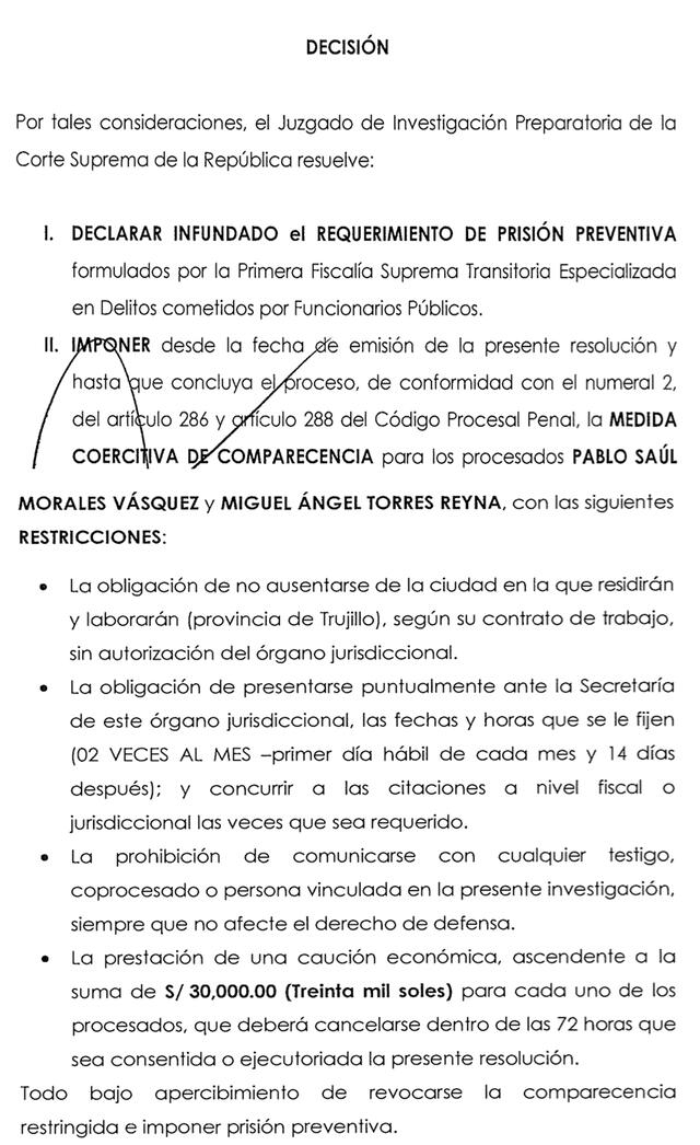 Resolución de juez supremo Hugo Núñez Julca sobre prisión preventiva para exasesores del desactivado CNM.