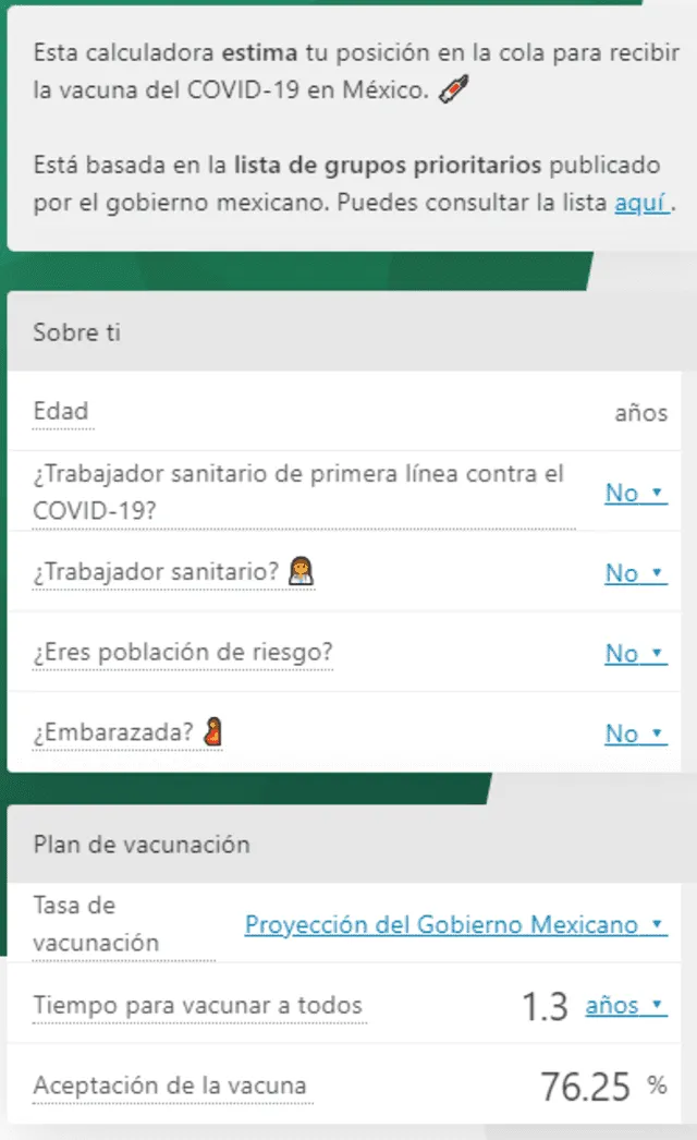 La calculadora del turno de vacunación en México. Foto: Captura de Omni calculator