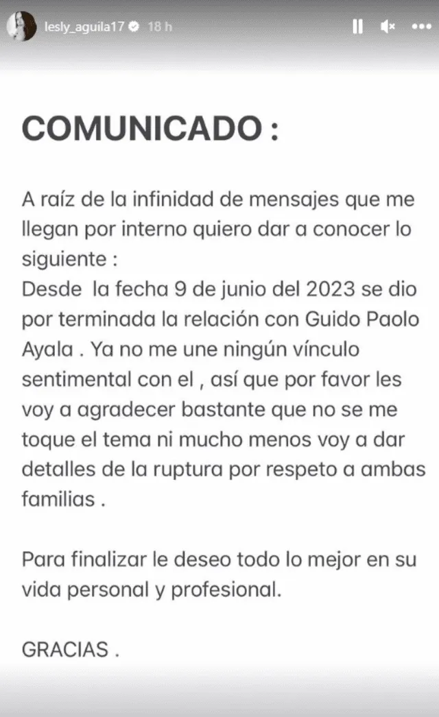  Comunicado que publicó Lesly Águila en referencia al término de su romance. Foto: captura de Instagram/Lesly Águila   