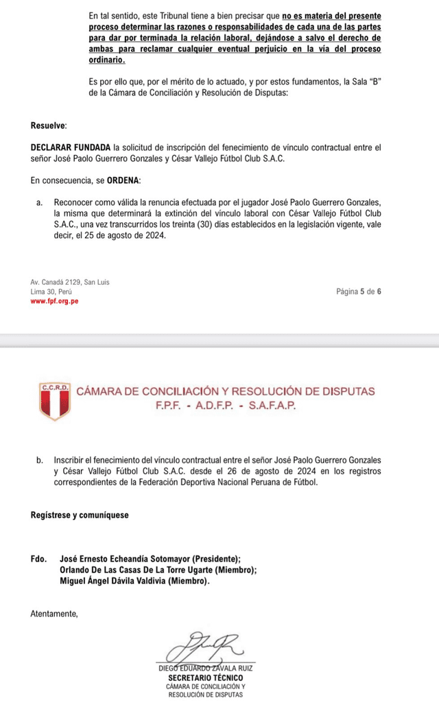 Resolución de la Cámara de Conciliación y Resolución de Disputas de la FPF a favor de Paolo Guerrero. Foto: FPF   