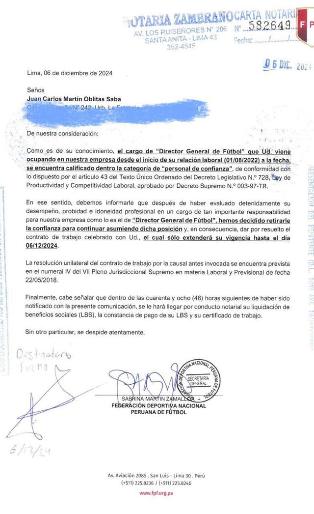 Carta que recibió Oblitas por parte de la FPF. Foto: difusión   