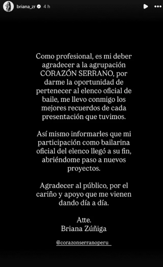 Comunicado de Briana Zuñiga anunciando su salida de Corazón Serrano. Foto: Instagram. Comunicado de Briana Zuñiga anunciando su salida de Corazón Serrano. Foto: Instagram.