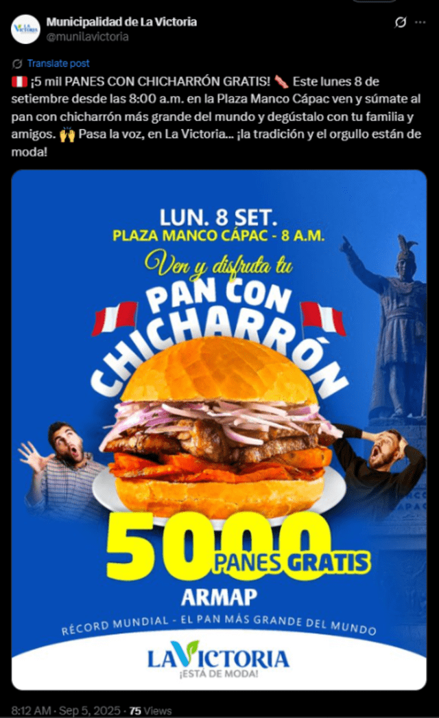  Municipalidad de La Victoria repartirá 5.000 panes con chicharrón de manera gratuita. Foto: X   