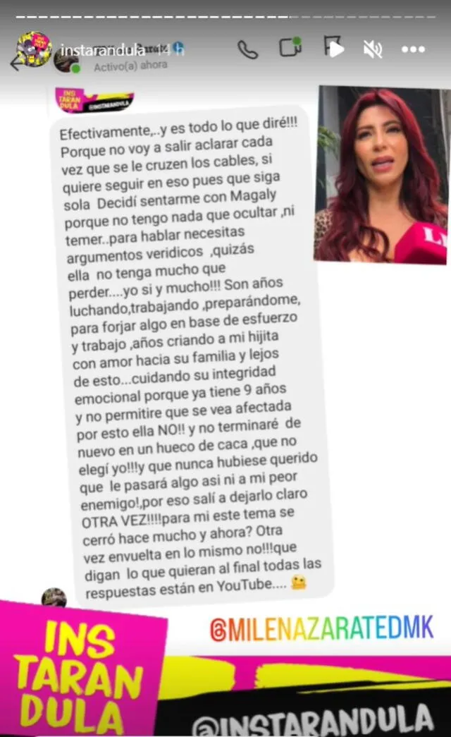 Milena Zárate envió un extenso mensaje a Samuel Suárez. Foto: Instagram/Instarándula   