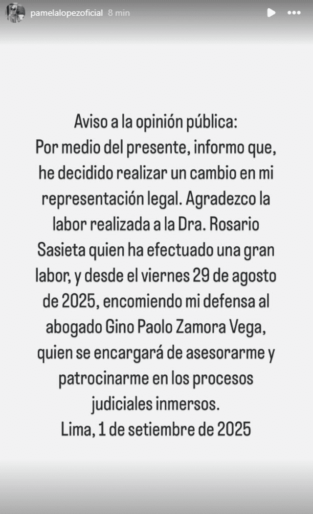  Pamela López confirma que Rosario Sasieta ya no será su abogada. Foto: Instagram/pamelalopezoficial   