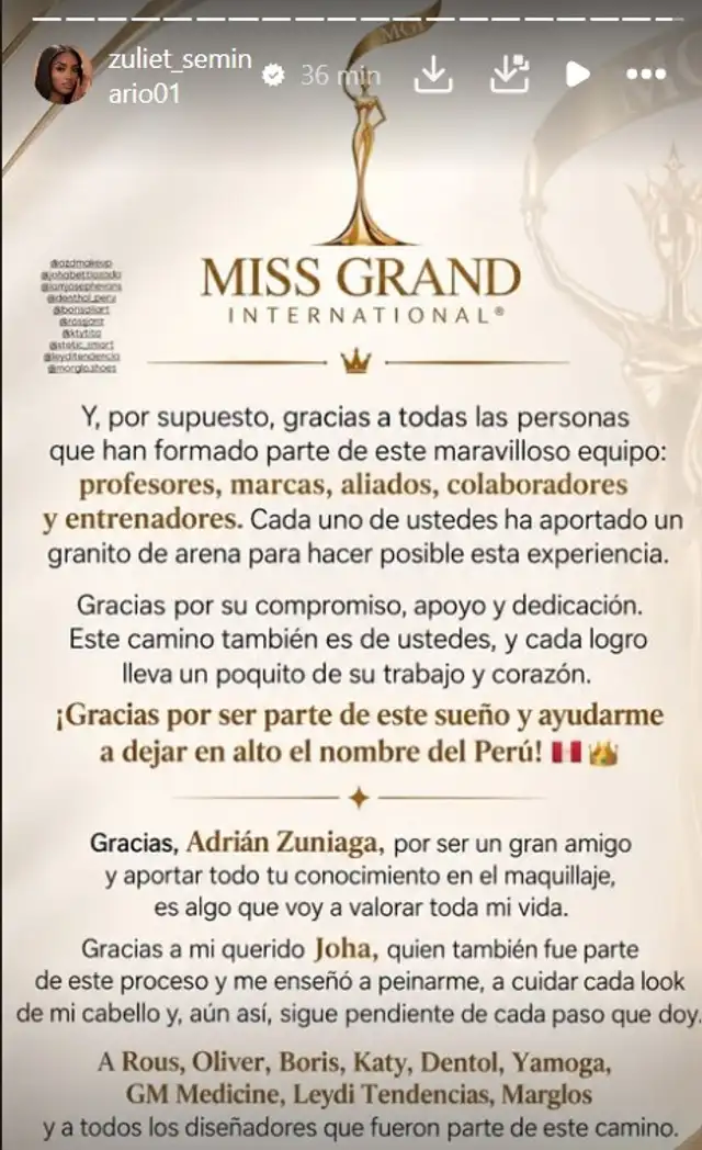 Zuliet Seminario deja mensaje poco antes de la gran final del Miss Grand International 2026.