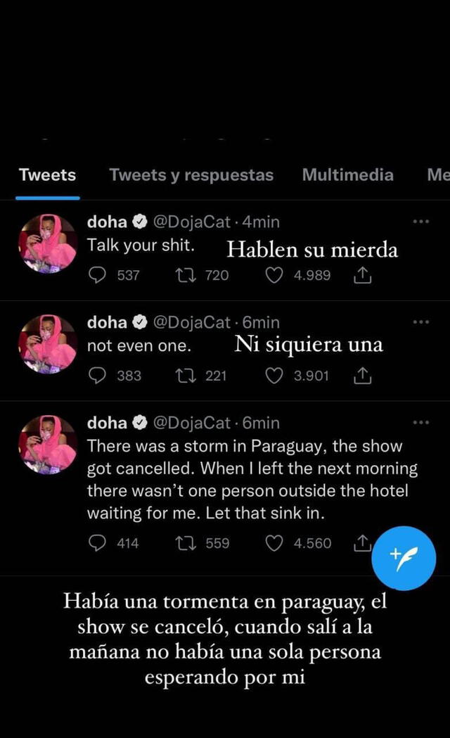La cantante intentó explicar su versión de los hechos sobre lo ocurrido en Paraguay. Foto: Twitter Doja Cat