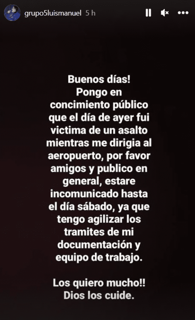  Luis Manuel, integrante de la orquesta Grupo 5, comunica haber sufrido el robo de sus pertenencias. Foto: Instagram/ Luis Manuel   