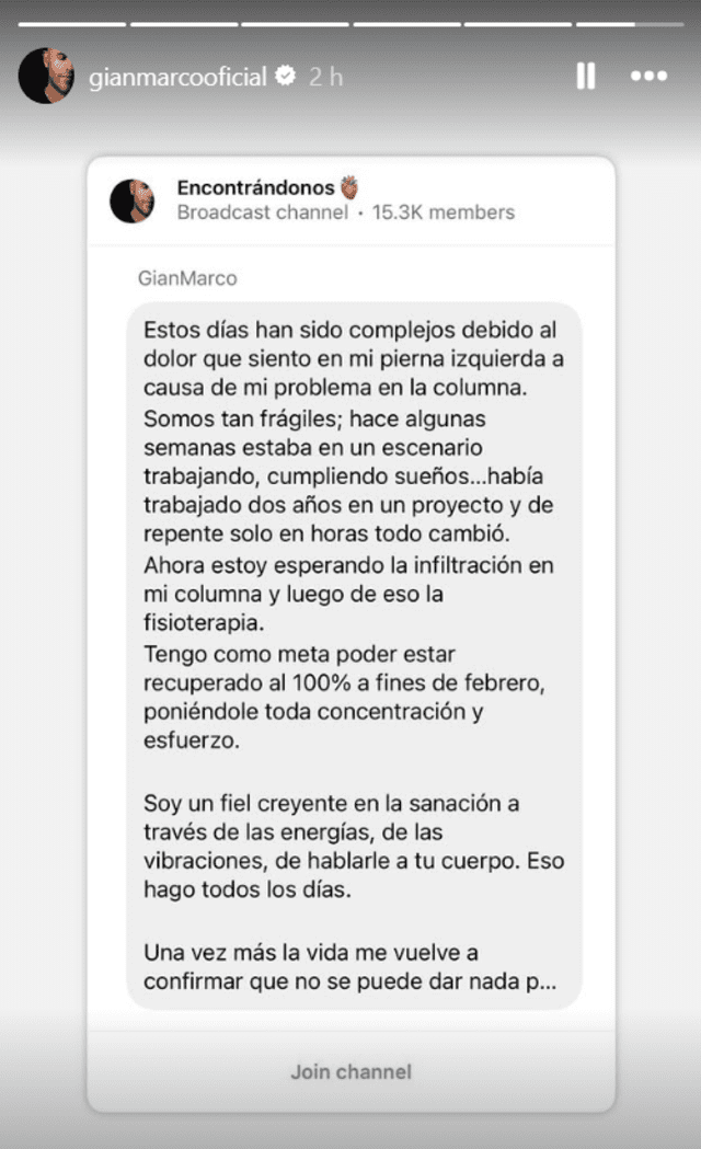  Gian Marco brinda detalles sobre su estado salud tras lesión en la columna. Foto: Gian Marco/Instagram   