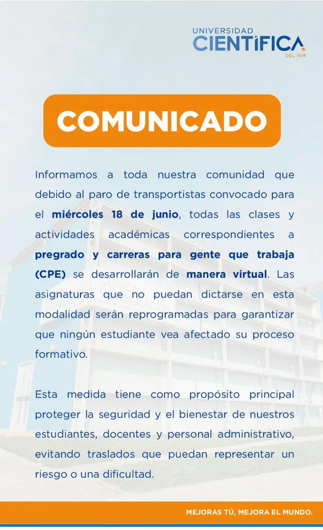  Comunicado de Universidad Científica del Sur. Foto: difusión   