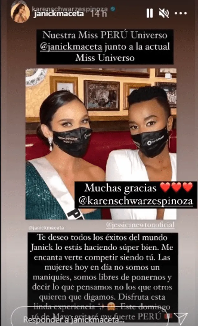 Karen Schwarz felicita a Janick Maceta por su participación en el Miss Universo 2021. Foto: Janick Maceta/ Instagram.
