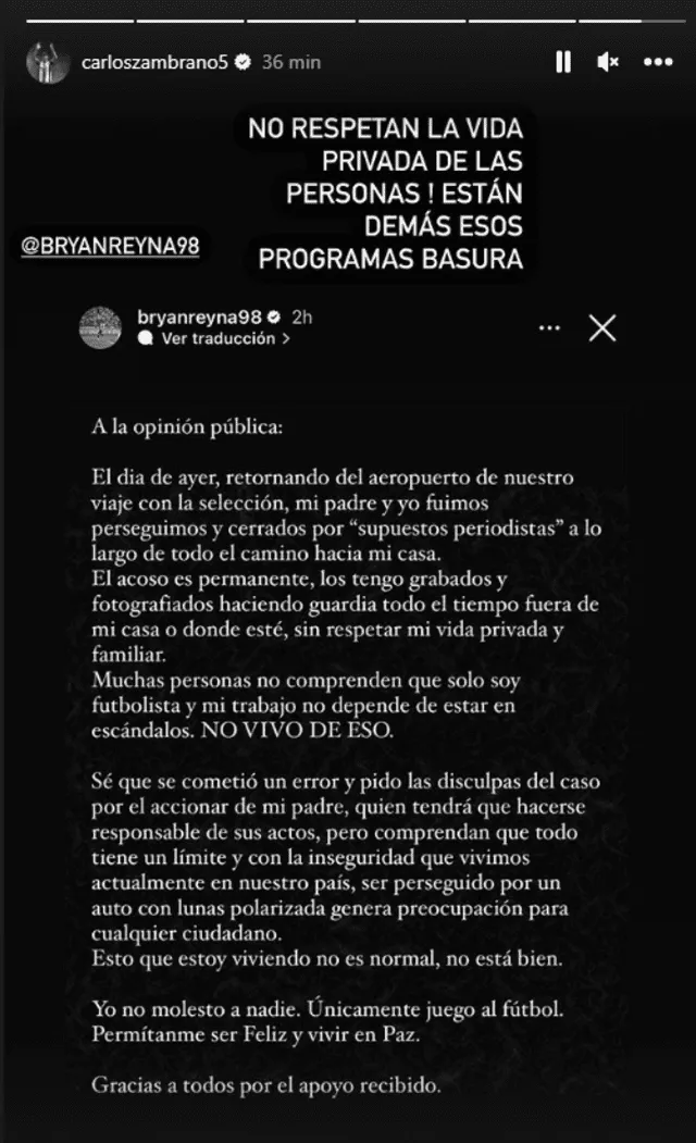 Mensaje de Carlos Zambrano. Foto: captura/Instagram/Carlos Zambrano   