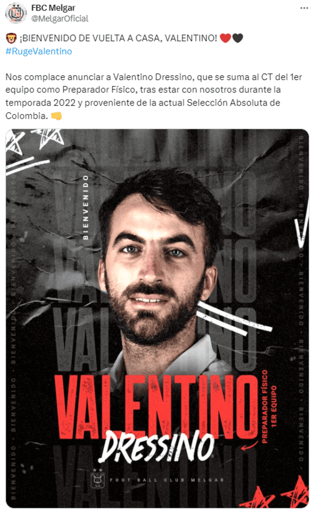Valentino Dressino fue parte del CT de Néstor Lorenzo en Colombia. Foto: captura de X/FBC Melgar   