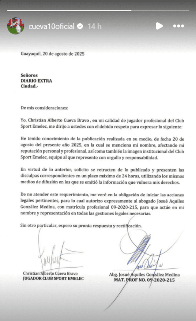 Comunicado de Christian Cueva. Foto: Instagram.   