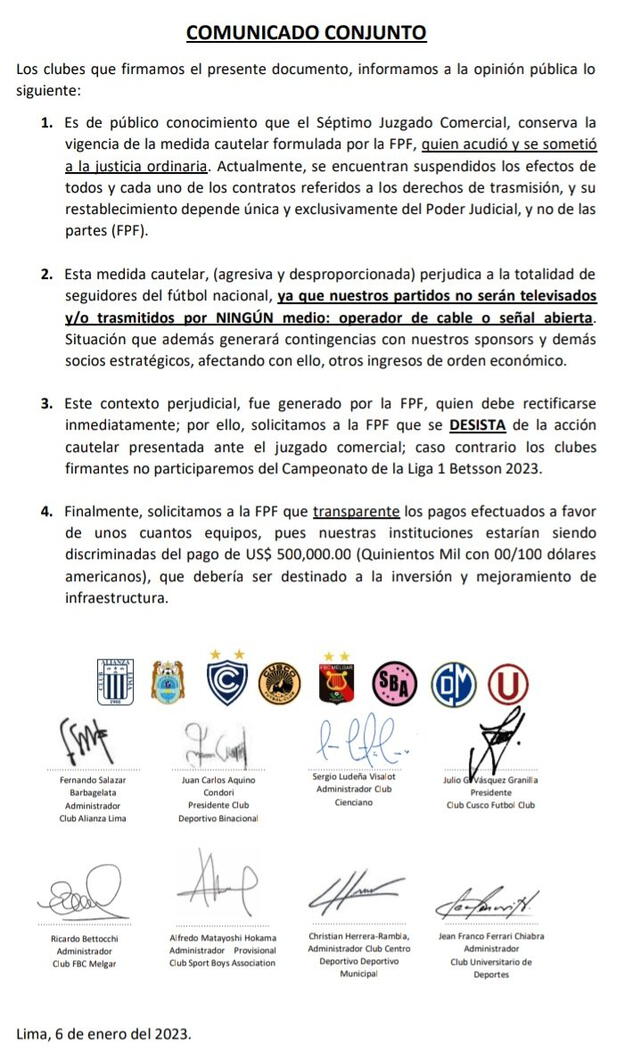 Documento firmado por los clubes involucrados. Foto: Twitter