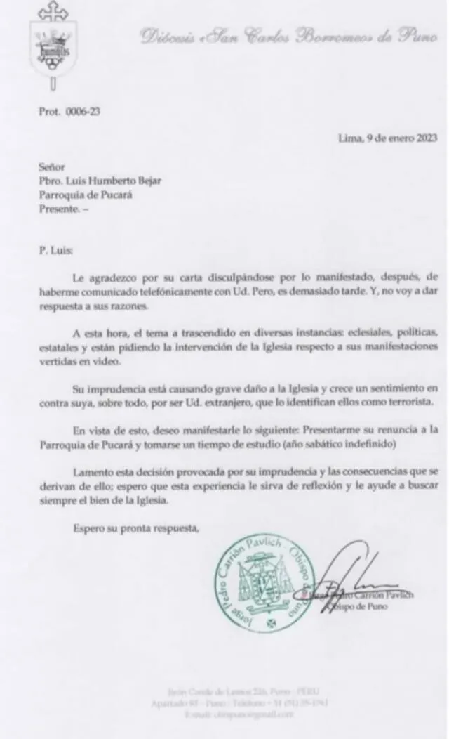 Obispo de Puno solicitó su renuncia al sacerdote Luis Humberto Béjar