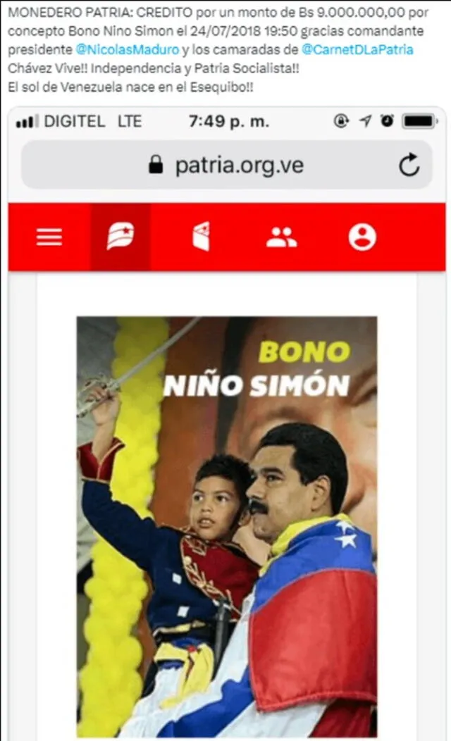 Anuncio del Bono Niño Simón por el Sistema Patria. Foto: difusión/Twitter    