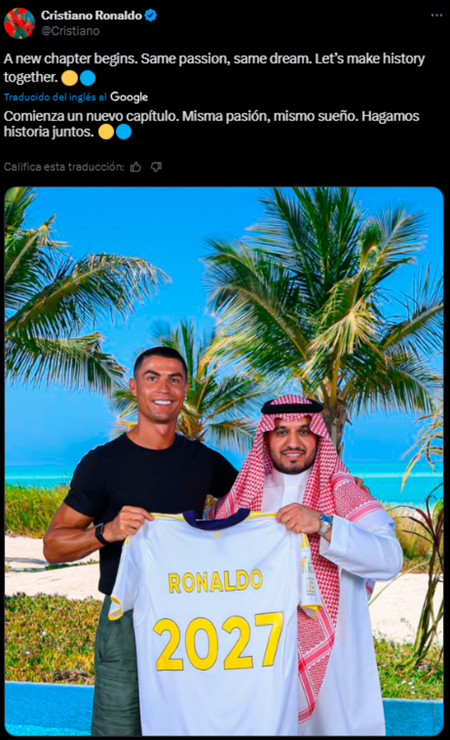  Mensaje de Cristiano Ronaldo para anunciar su renovación con Al-Nassr. Foto: Twitter   