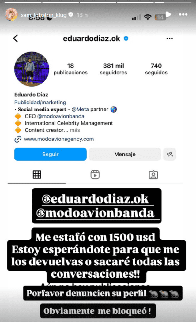 Samahara revela la identidad del supuesto estafador. Foto: Instagram   