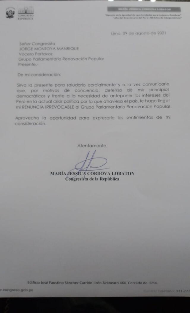 Renuncia de María Córdova a Renovación Popular.