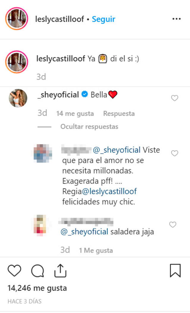 Sheyla Rojas halagó a la novia Lesly Castillo, pero fue 'troleada' por usuarios. [Captura Instagram]