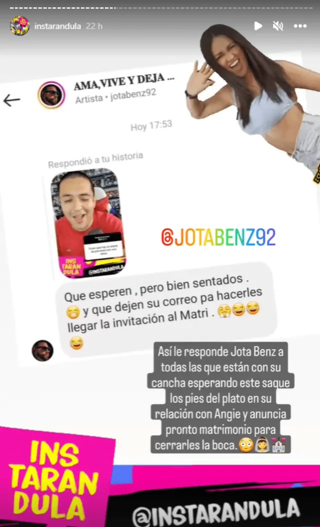 Jota Benz negó rumores de infidelidad a Angie Arizaga. Foto: Instagram / Instarándula. 