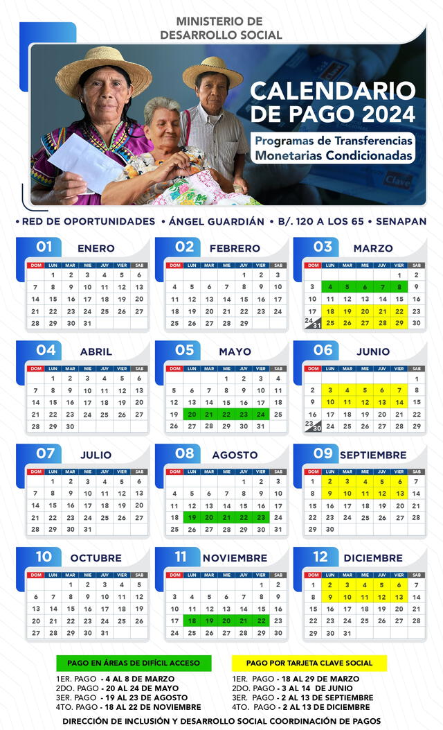 Calendario de pago de 120 a los 65 del 2024. Foto: Mides   