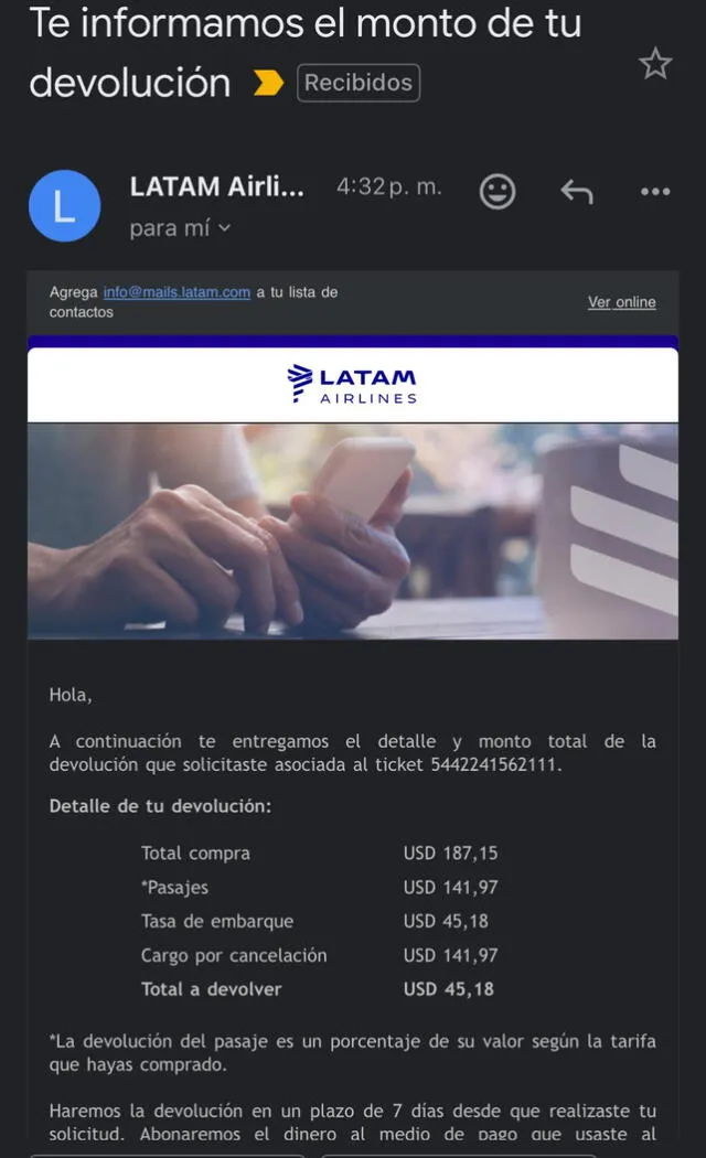 Mensaje de la aerolínea. Foto: Facebook/Tommy Portugal   