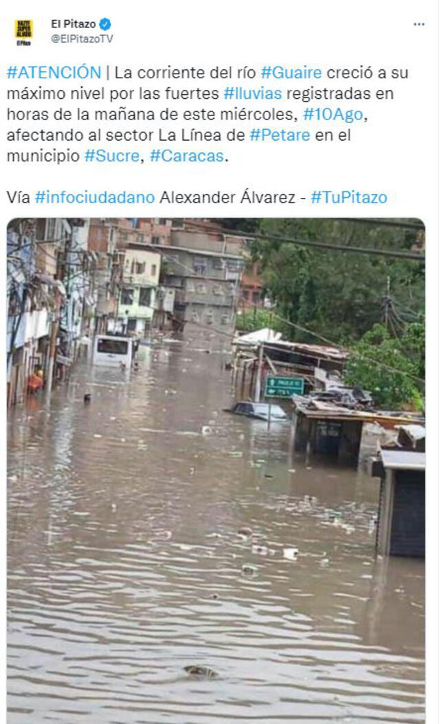 Corriente del río Guaire creció a su máximo nivel, reporta El Pitazo desde Twitter. Foto: captura El Pitazo