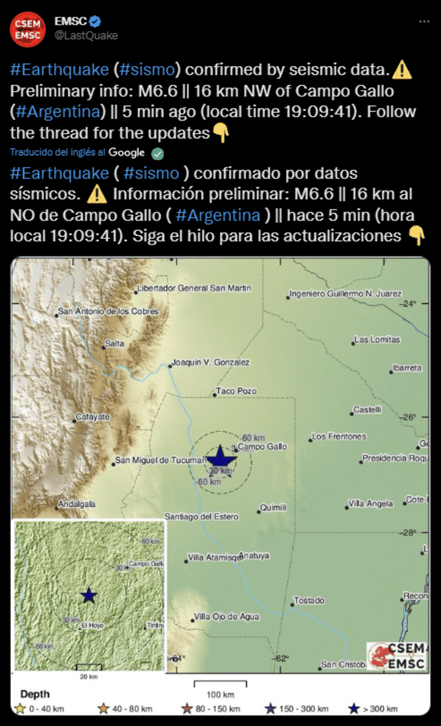 Sismo de magnitud 6.6 en Argentina. Foto: @LastQuake/Twitter