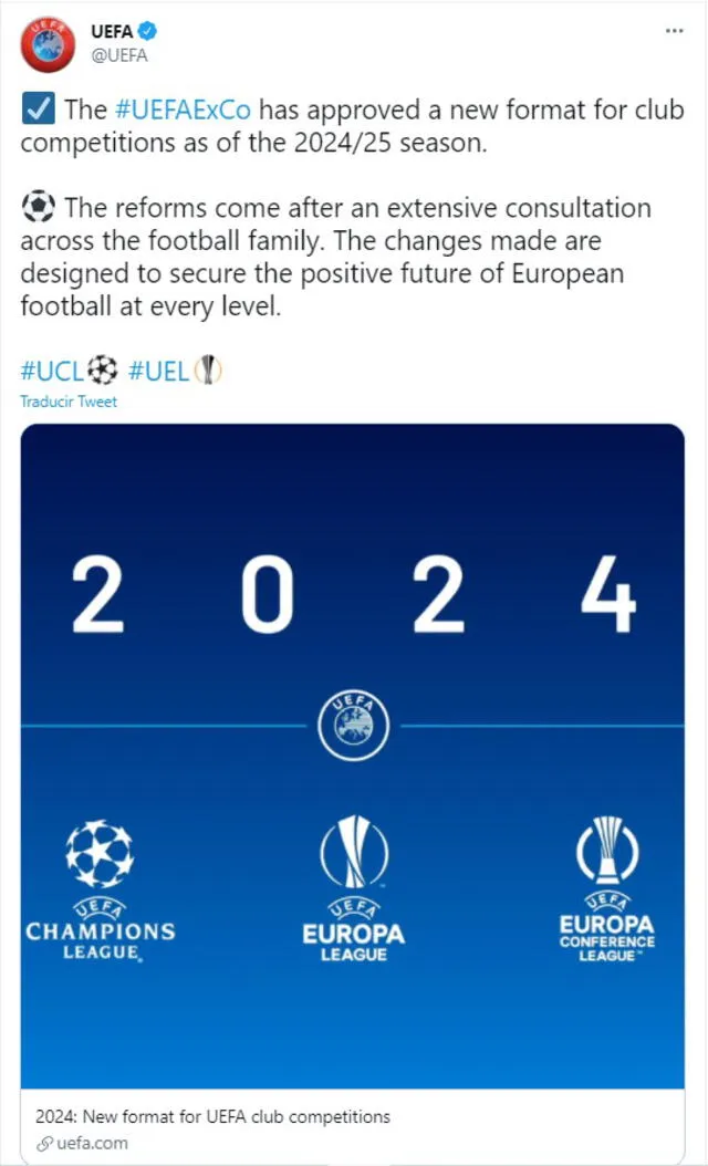 La nueva Champions League dirá adiós a la fase de grupos. Foto: captura de pantalla/Twitter UEFA