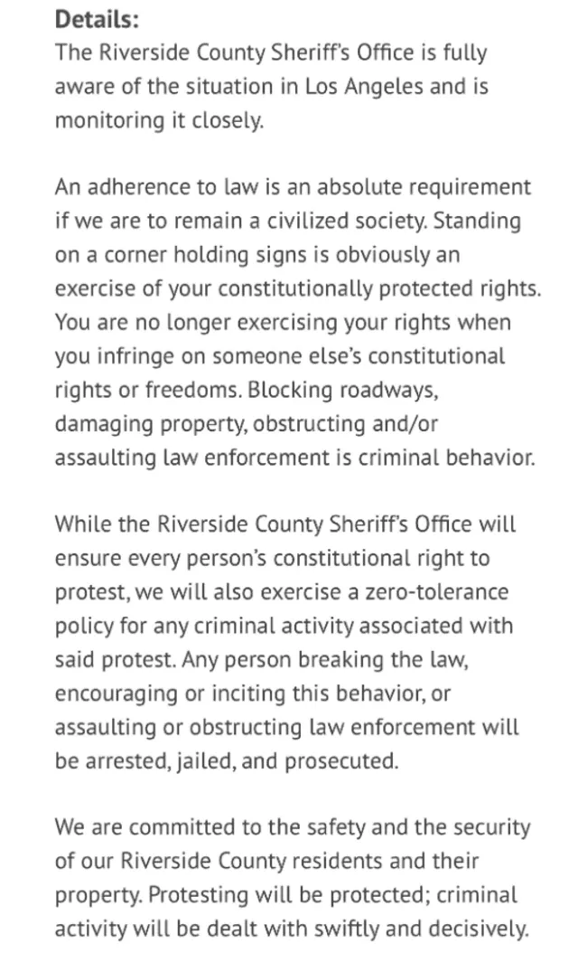  Riverside County Sheriff Office emphasizes protecting constitutional protest rights while enforcing zero tolerance for criminal acts, warning that offenders will face arrest and prosecution. Photo: Chad Bianco X account    