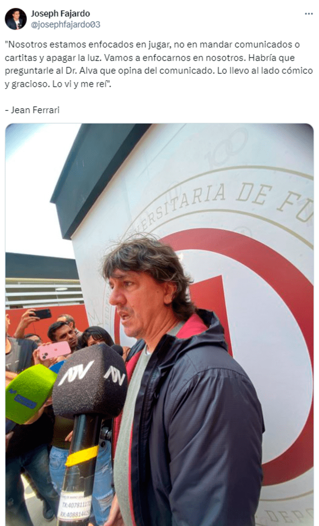  Declaraciones de Jean Ferrari sobre el reclamo de Alianza Lima por el médico de la selección peruana. Foto: Twitter/Joseph Fajardo.   