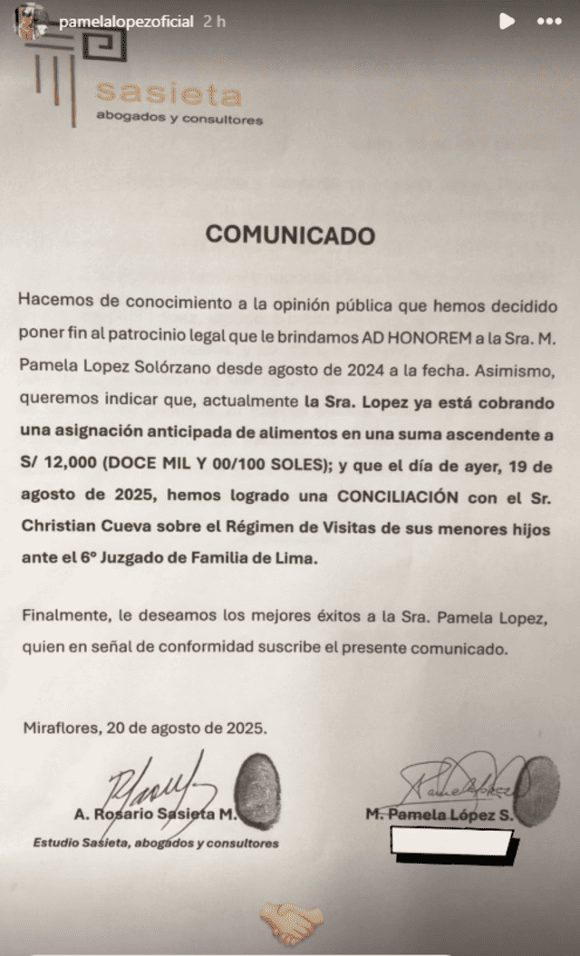 Anuncio de Rosario Sasieta que fue compartido por Pamela López en sus redes. Foto: Instagram.    