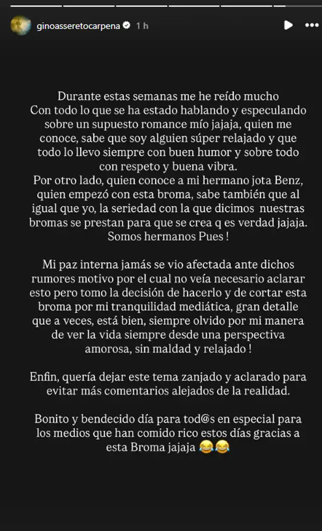 Mensaje de Gino Assereto. Foto: Instagram   