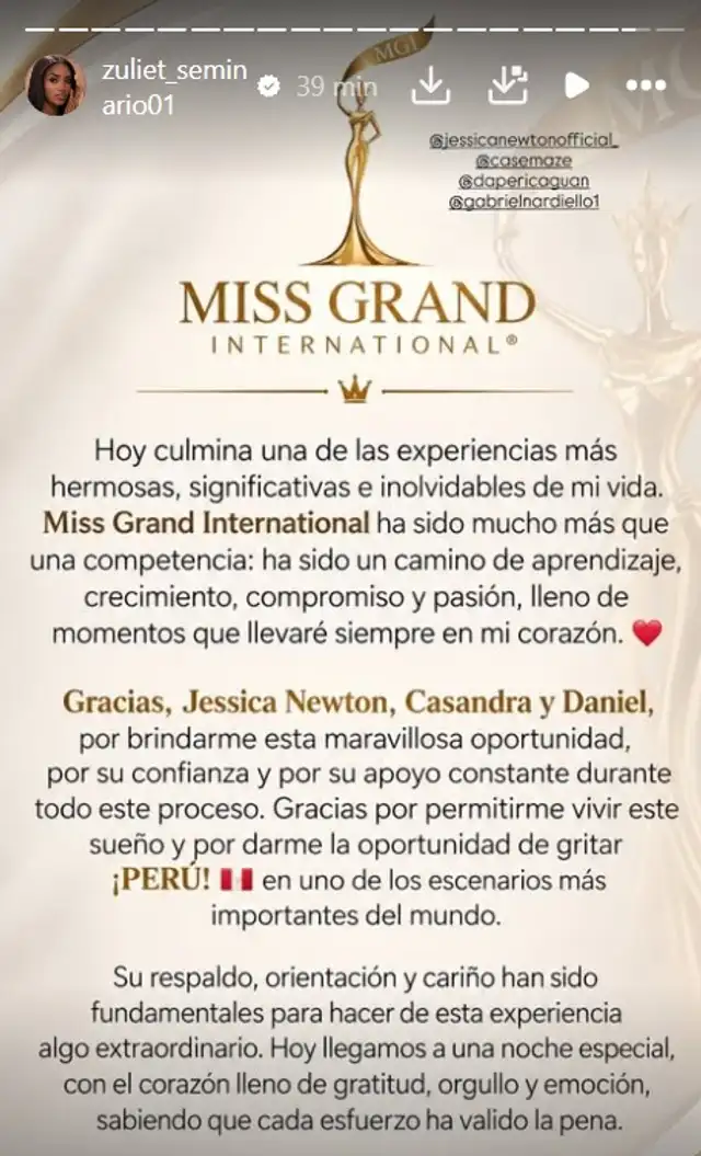 Mensaje de agradecimiento de Zuliet Seminario poco antes de la gran final del Miss Grand International 2026.