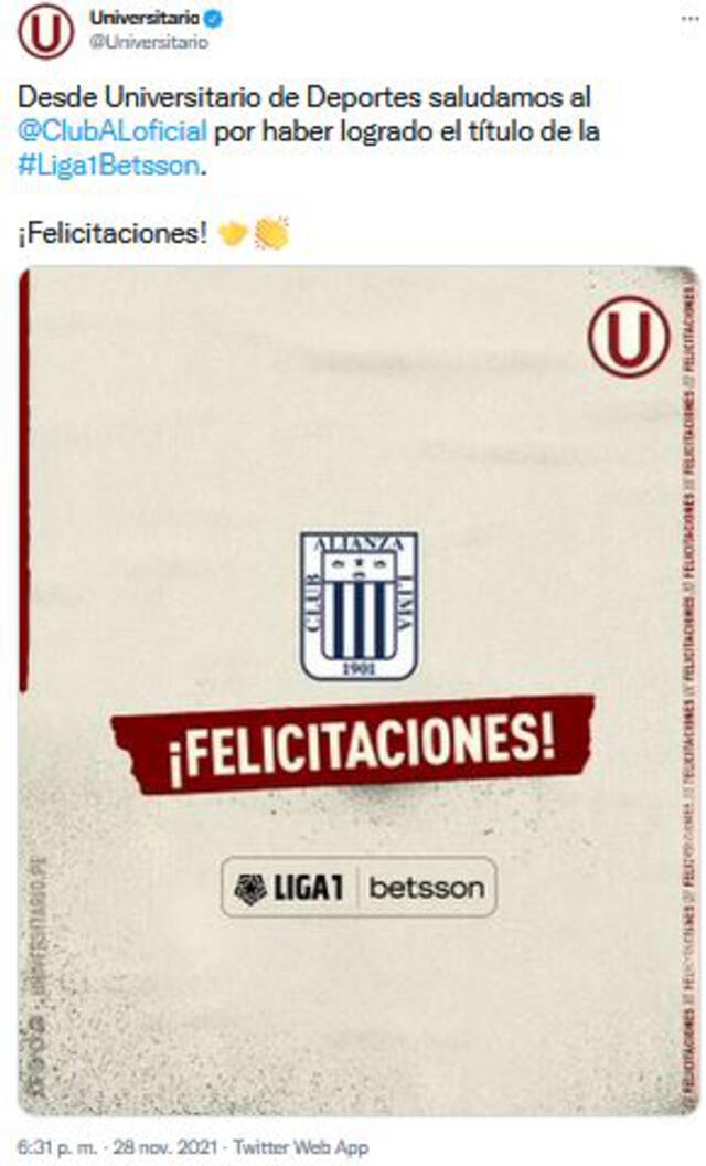 Universitario de Deportes felicitó a Alianza Lima por su título número 24
