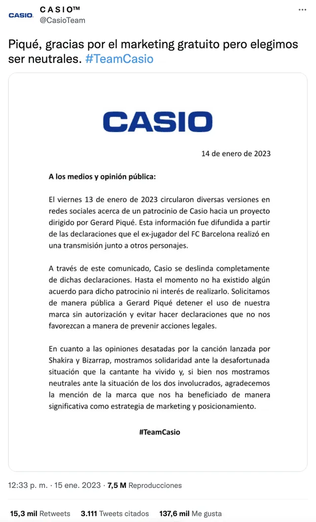 Supuesto comunicado de Casio corresponde a una cuenta apócrifa. Foto: captura de Twitter / @CasioTeam