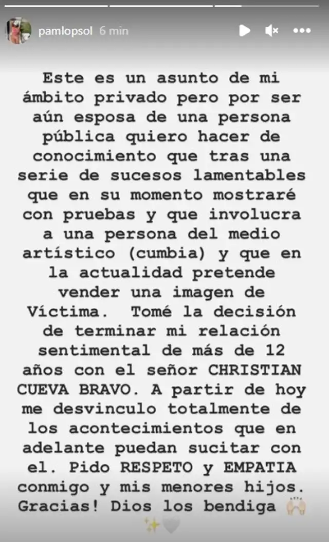 Comunicado de Pamela López. Foto: captura de Instagram Comunicado de Pamela López. Foto: captura de Instagram